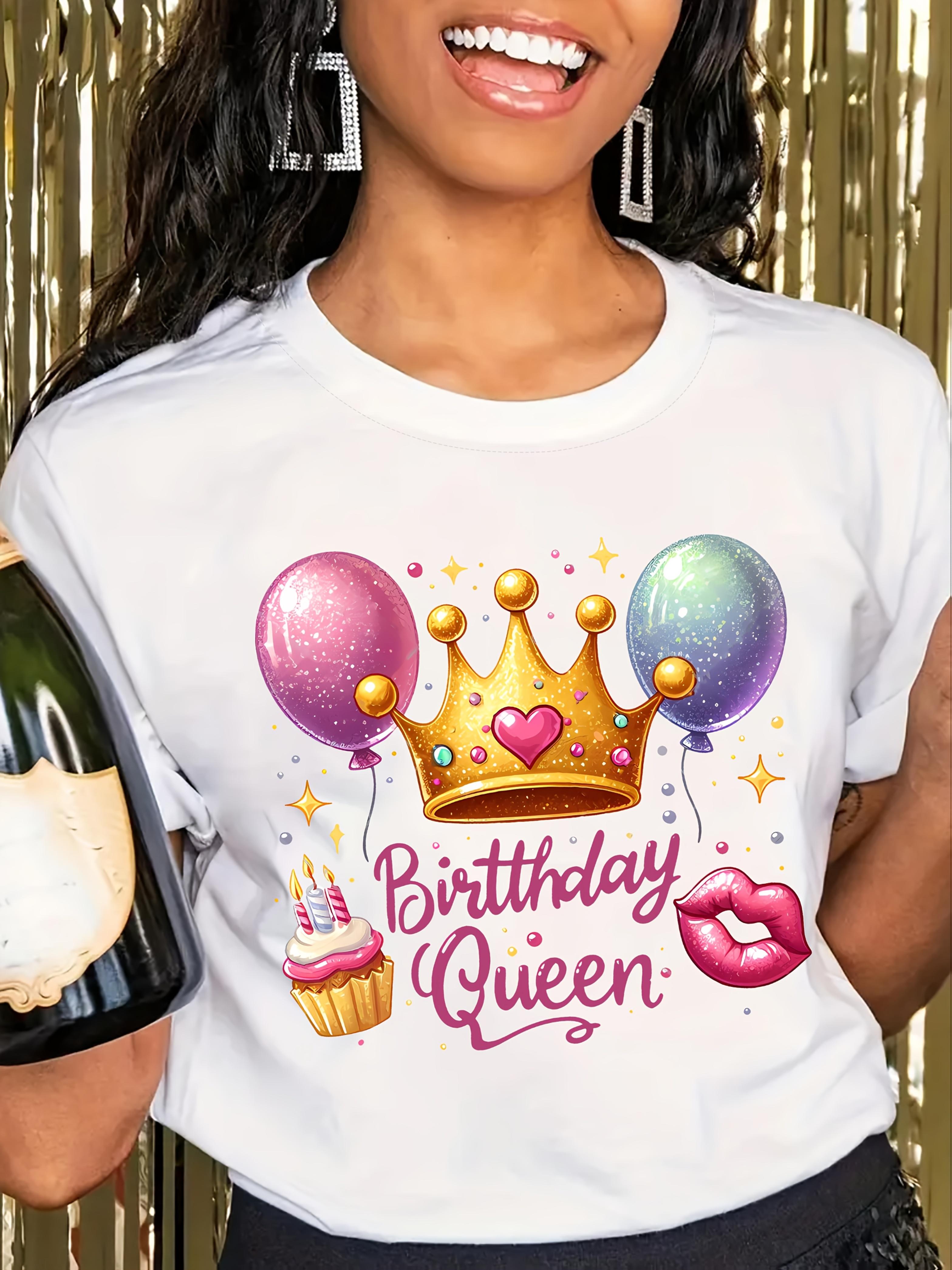 

Birthday Queen Print Crew Neck Short Sleeve TShirt Casual Top with Drawing Pattern Womens Clothing Comfortable and Soft Cotton S