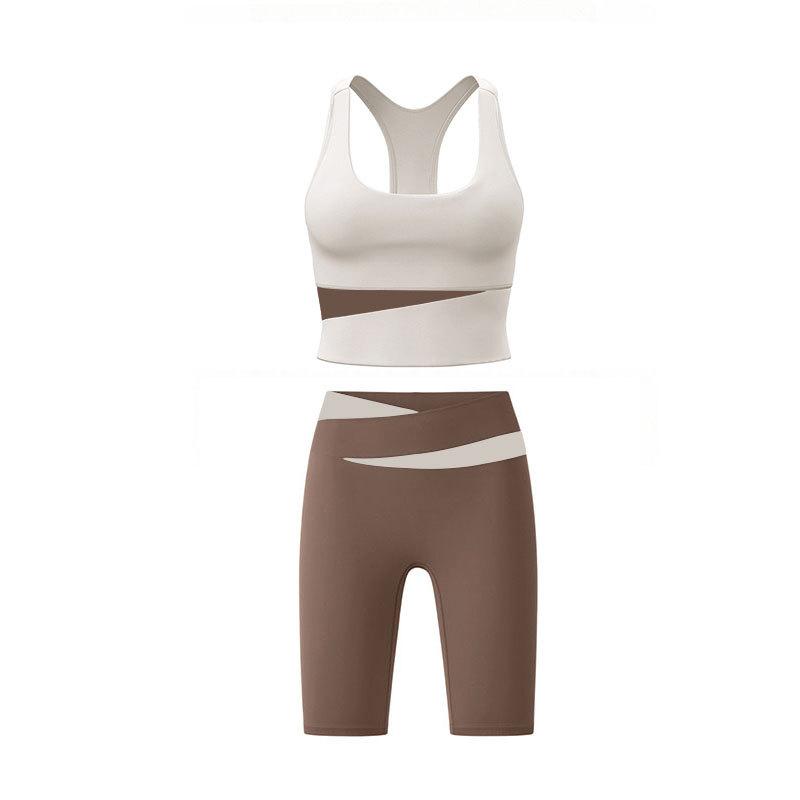 Elastischer Kontrastfarben-Yogazug Damen Neu Atmungsaktives Schnelltrocknendes Tanktop Hohe Taille Bauch Fitness-Shorts Sportanzug