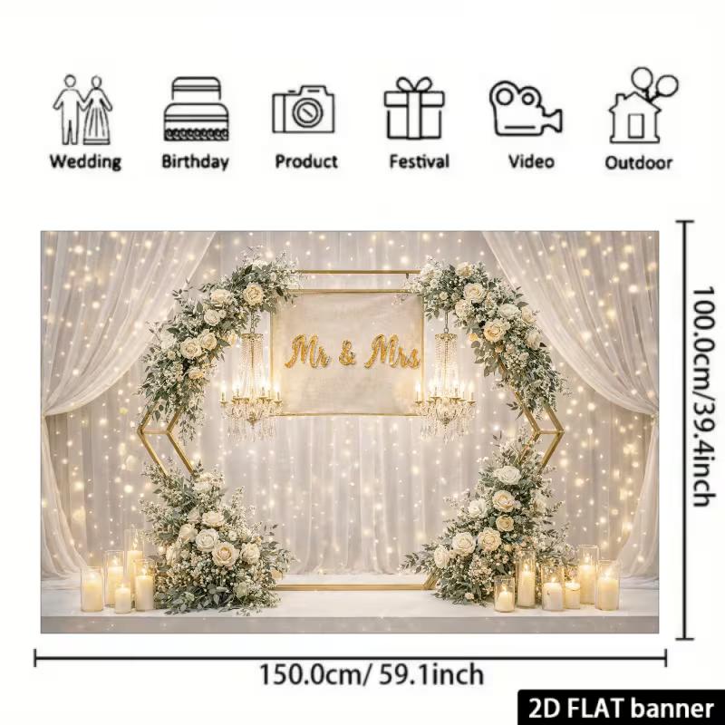 2D Mr & Mrs Floral Arch Backdrop for Indoor Wedding Ceremony and Reception 47.2x31.5inch/120*80cm