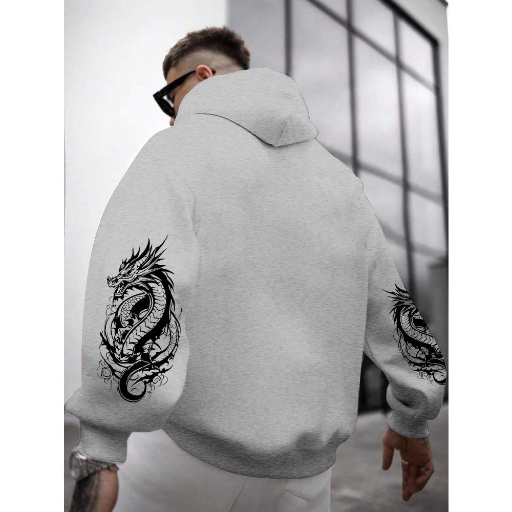 Dragon Element Print Pocket Hooded Sweatshirt Is Suitable for Daily Holiday Outdoor Wear, Autumn And Winter Thickened Men'S Print Hoodie