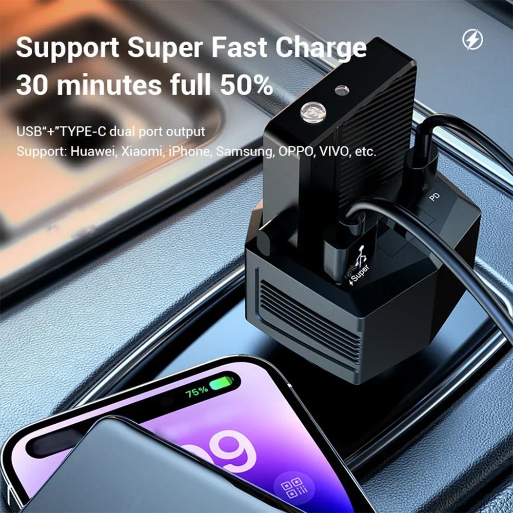2025 New Car Charger 2 in 1 Portable Charger 2000mAh for Apple and Android Phones 65 Watt Fast Charging with Flashlight Function