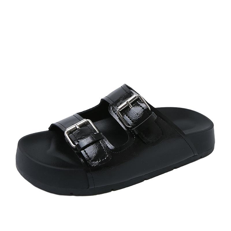 

Fashion casual platform belt buckle muffin slippers women s summer wear 2025 new beach shoes silver cool slippers 40 чёрный