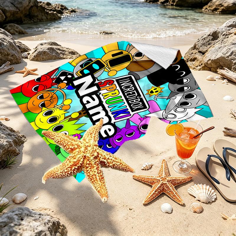 Custom Name Personalized Sprunki Game Print Beach Towel, for Trip Camping Beach Party Home Decor, Birthday Gift for Family & Friends