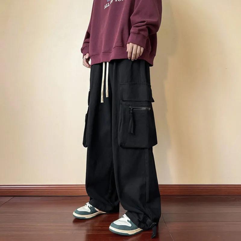 Women Men Wine Red Cargo Pants Wide Leg Streetwear Multi Pocket Trouser S чёрный