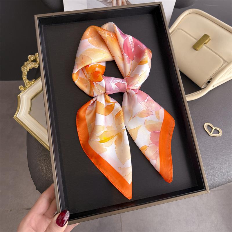 2026 New Floral Print Silk Square Scarfs for Women Decorate Neck Ties Kerchief Lady Summer Beach Hijab Female Neckerchief Wraps