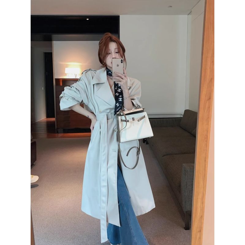 Kumikumi British Style Temperament Creamy-white Trench coat Outerwear Women clothes Autumn Double Breasted Loose Mid-Length Coat