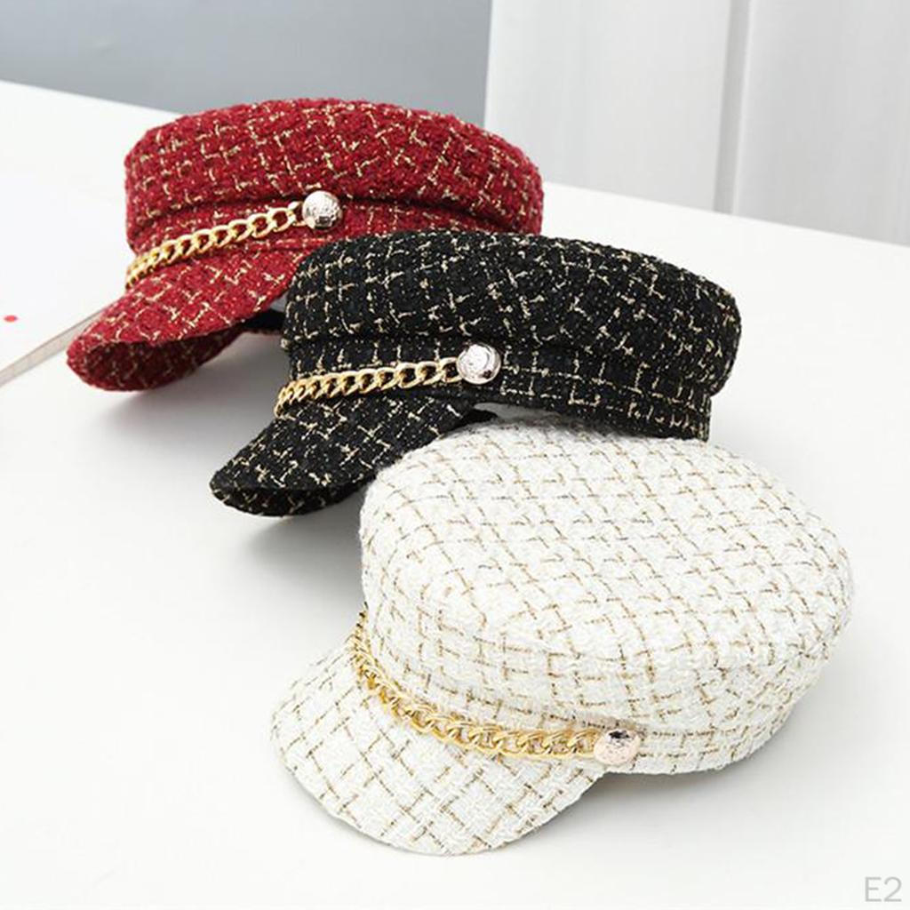 Autumn Winter Tweed Chain Hat for Womens Flat Army Girl Visor Travel Berets Plaid Newsboy s