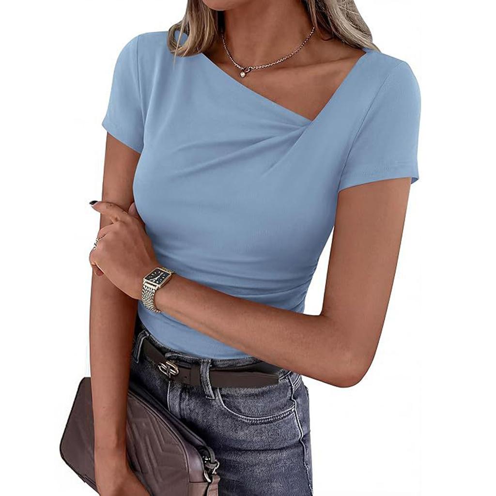 Women's Short-sleeved Asymmetric Collar Pleated Decorative Fitted Blouse Casual T-shirt Top