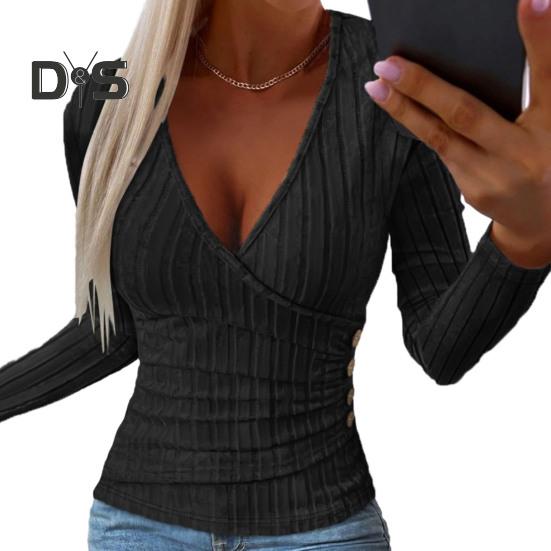 Dámské podzimní jednobarevné topy s hlubokým výstřihem do V, halenka s dlouhým rukávem, elegantní slim fit, knoflíky, dekorace, žebrované svetry