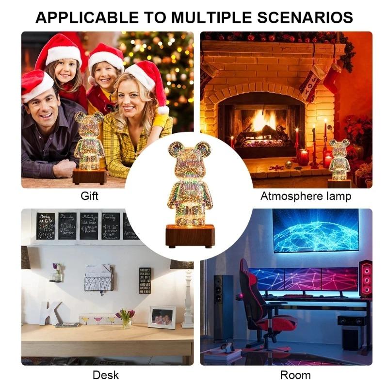 LED 3D Bear Fireworks Night Light USB Projector Light Color Changing Environment Light Suitable for Children's Room Bedroom Decoration New Year Gift
