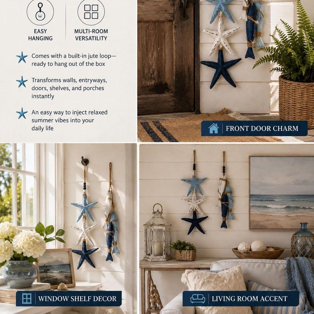 Hanging Lighted Wooden Fish Wall Decor Mediterranean Decorative Starfish  Restaurant Wall Art