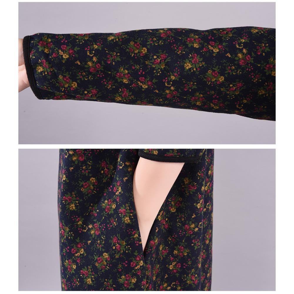 Loose Women's High Neck Floral Cotton Linen Dress