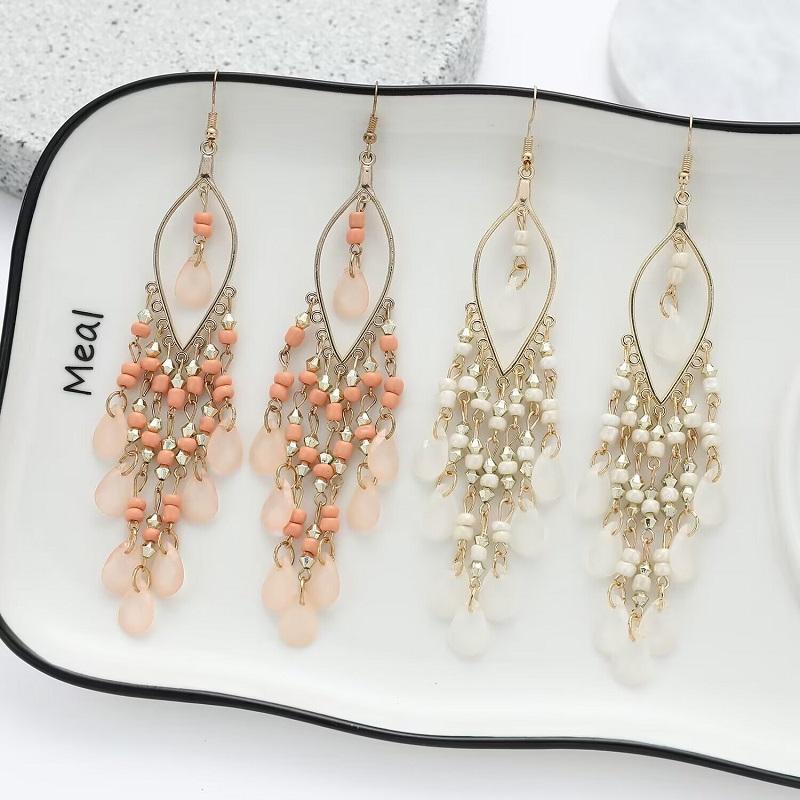 Ethnic Long Acrylic Water Drop Earrings for Women Retro Boho Gold Color Hollow Tassel Earrings Bijoux Femme