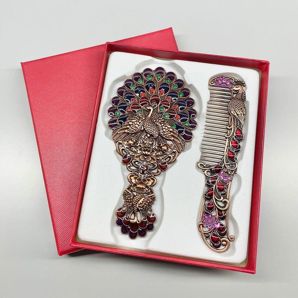 Peacock Open Screen Retro Small Mirror with Metal Handle Handheld Cosmetic Comb
