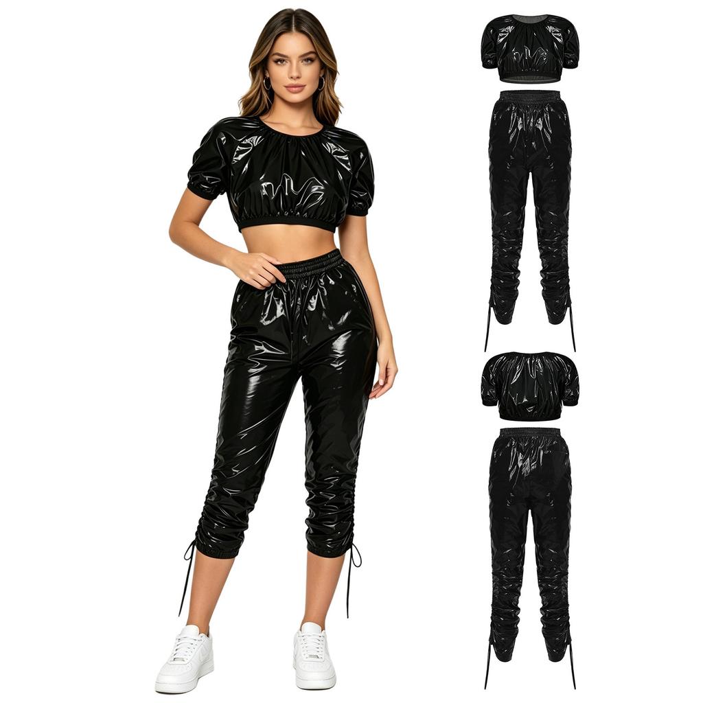Completo Crop Top Lucido Impermeabile e Pantaloni Capri da Donna Manica Corta Vita Elastica Coulisse sui Lati delle Gambe per Allenamento Festa
