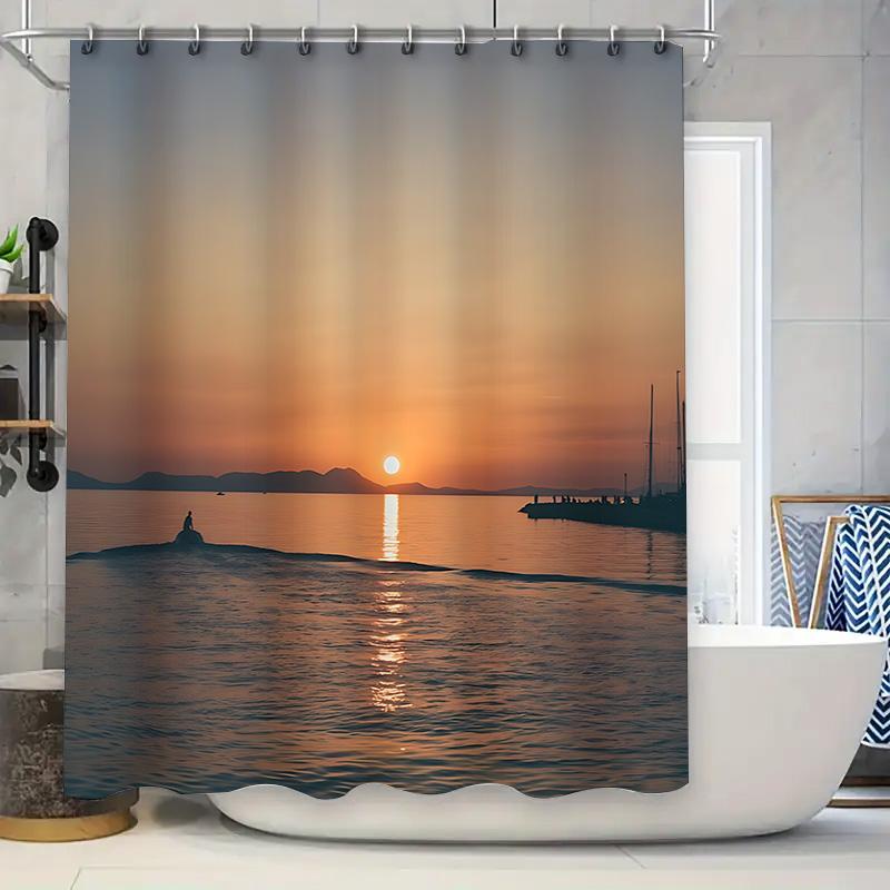 

Beautiful Sunset Over Sea With Person On Rock Near Pier Shower Curtain Suitable For Wet And Dry Separation Waterproof Durable W60H190(CM)-1 Pcs