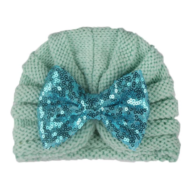 New baby sequined knotted thermal hat in autumn and winter, cute baby bow knitted hat, children's hat