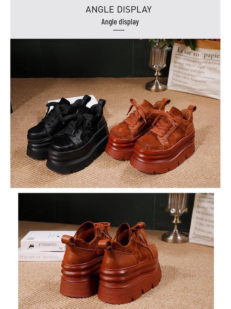 2025 Autumn/Winter Women's Cowhide Platform Lace-up Casual Shoes