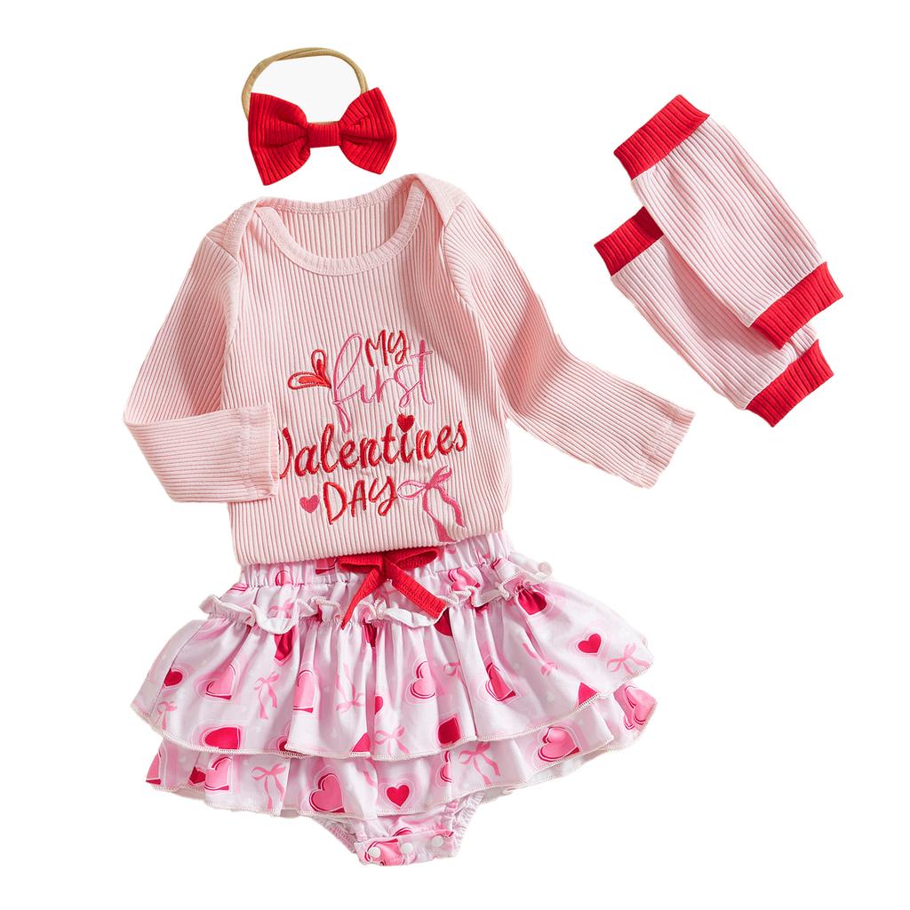 Baby Mädchen Valentinstags-Outfit Buchstabenstickerei Langarm-Strampler mit Herz-Print-Rock und Schleifen-Stirnband Stulpen
