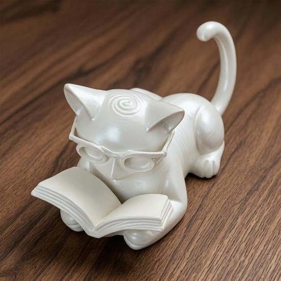 Yousheng Reading Cat Ornament, 3D Printed Desk Decor with Glasses & Book, Multi-Functional Phone Stand Holder Bookend, Eco PLA Home Decor Gift for