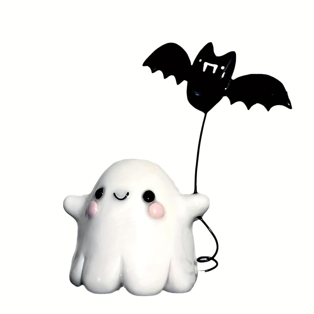 1pc Halloween Ghost and Bat Statue, Resin Tabletop Decor, Spooky Office Home Art Craft, Versatile Indoor Outdoor Decoration,Perfect for Party Gifts