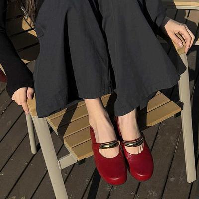 Sheepskin Genuine Leather Metal Word with Mary Jane Shoes New Retro Round Head Flat Bottom Shallow Mouth Single Shoes Women
