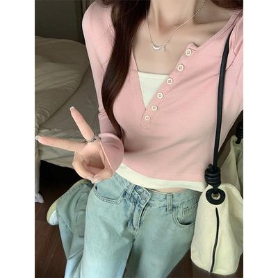 Pink Age-reducing Collar Fake Two-piece Long-sleeved Shirt Women's Bottoming Shirt Spring Sweet and Spicy Slim-fitting Short Top