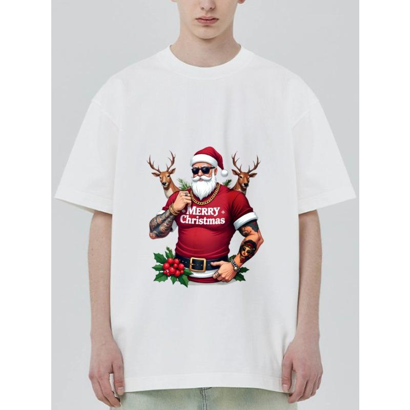Christmas T-Shirt Black Santa Claus with Reindeer and Merry Christmas Text Holiday Party Wear