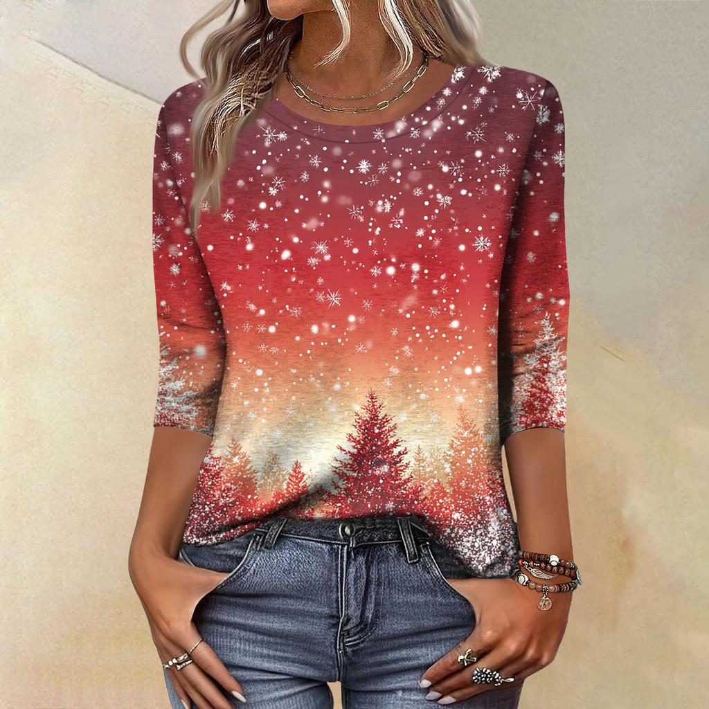 Women's Fashion Casual Christmas Tree Printed Round Neck Three-Quarter Sleeve T-Shirt Top