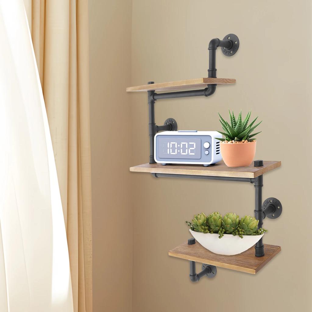 3-tier Vintage Storage Shelf Wall Mounted Industrial Wooden Frame Bookshelf Kitchen Shelf