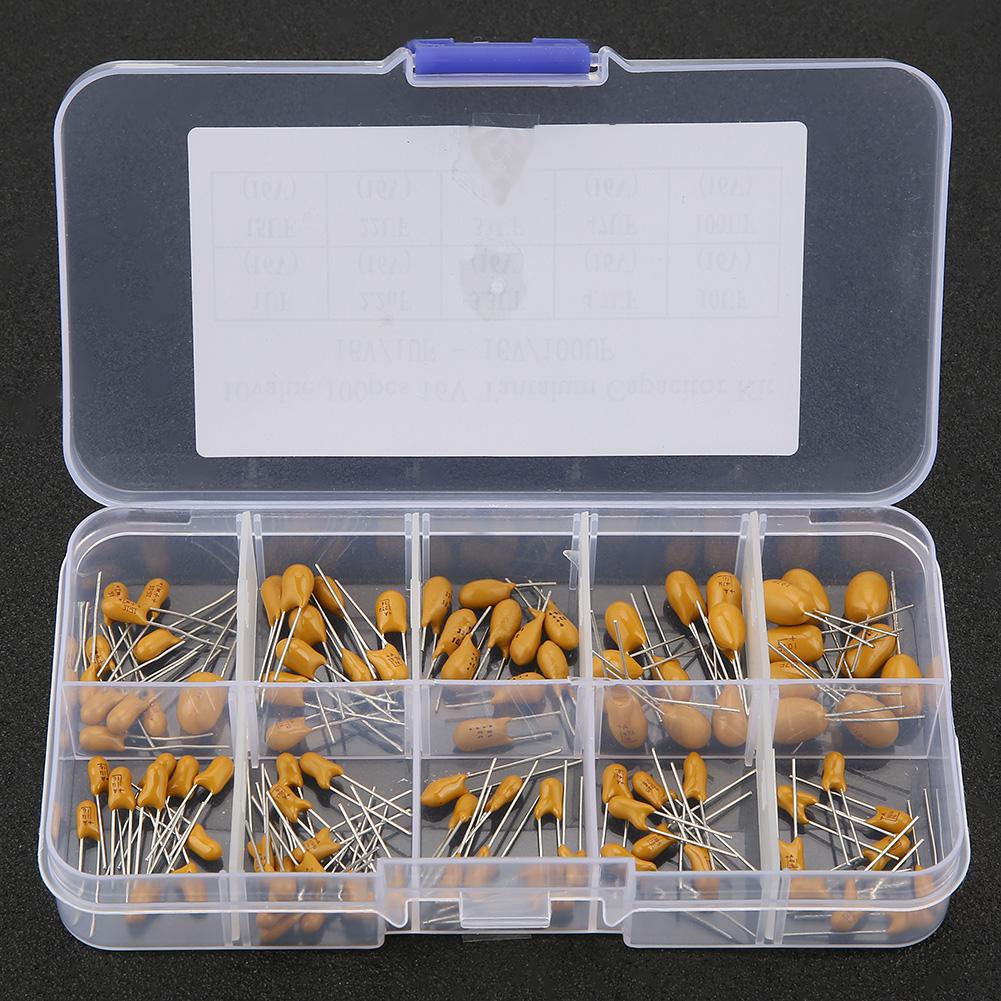 100 stk 10 verdier 16V 1 uf  100 uf Tantal kondensatorer Assortert sett med boks