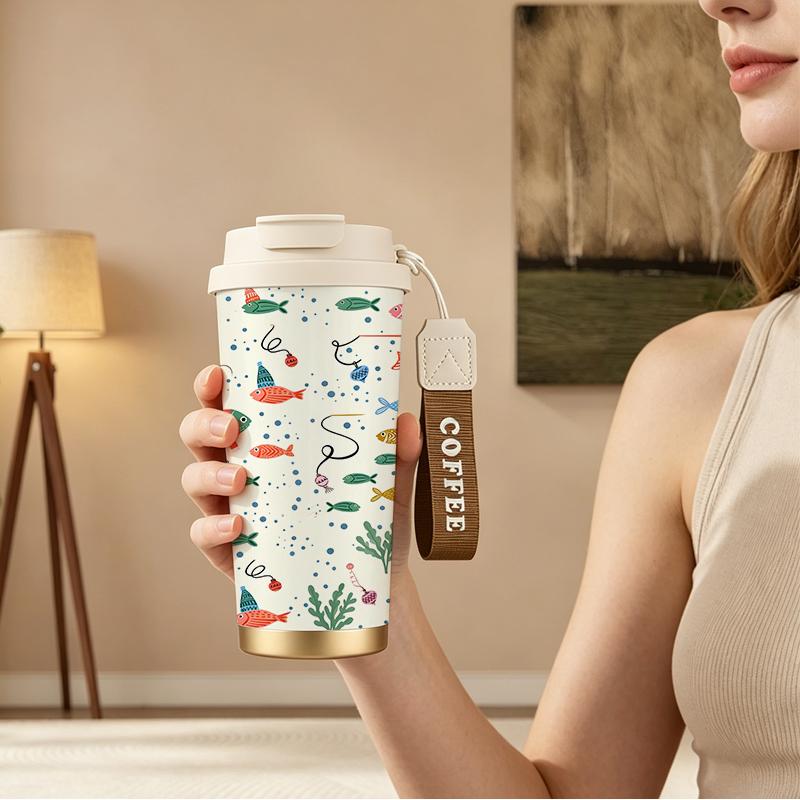 532ml Coffee Mug Ocean Christmas Element Lanyard Insulated Cup Commute Coffee Cup Beach Cup Car Cup Stainless Insulated Cup 532ml Coffee Mug