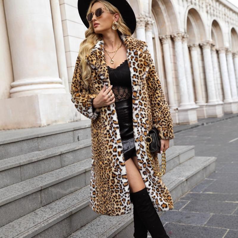 Women's Autumn and Winter New Leopard Print Suit Collar Long Imitation Fur Jacket Thermal Coat