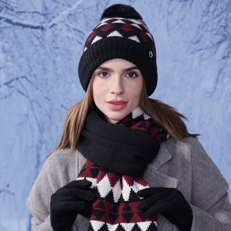 Winter Warm Hat Scarf Three-piece Set Women's Outdoor Velvet Coldproof Cap Knitted Wool Cap
