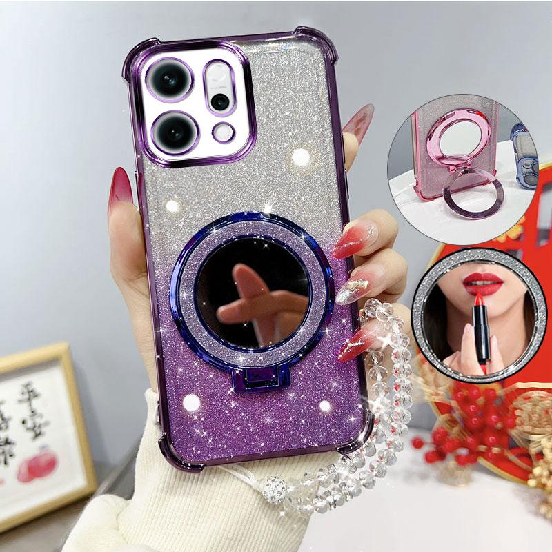 Glitter Four-Corner Shockproof Phone Case with Mirror Stand Beaded Strap For Oppo Reno14 F Pro Reno 14Pro 14F 5G Back Cover Case
