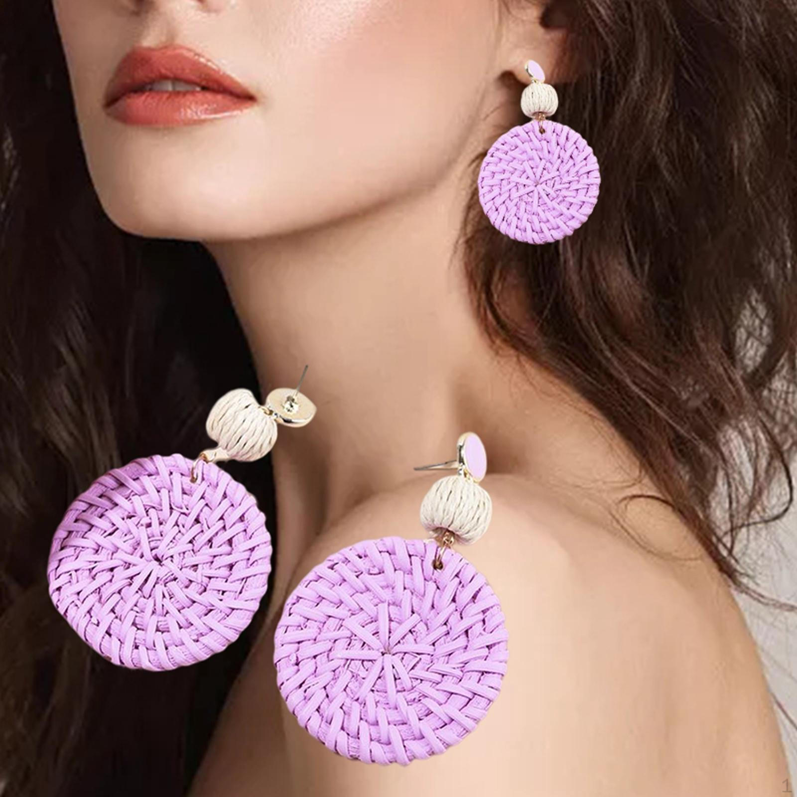 Серьги из ротанга - Плетеное подвесное украшение ручной работы для лета Purple