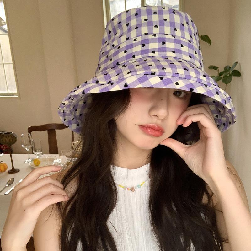 Love plaid bucket hat women's spring summer versatile washbasin hat big brim sunshade sunscreen hat tide