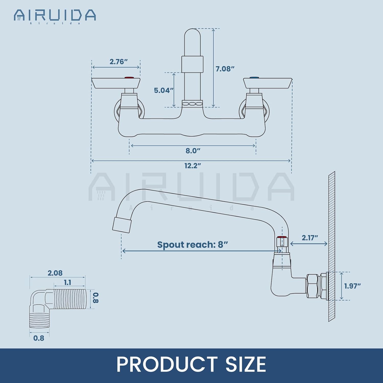

Wall Mount Kitchen Faucet 2 Handle, 8 Center, Chrome, Swivel Spout with Adapters 8 Inches Spout