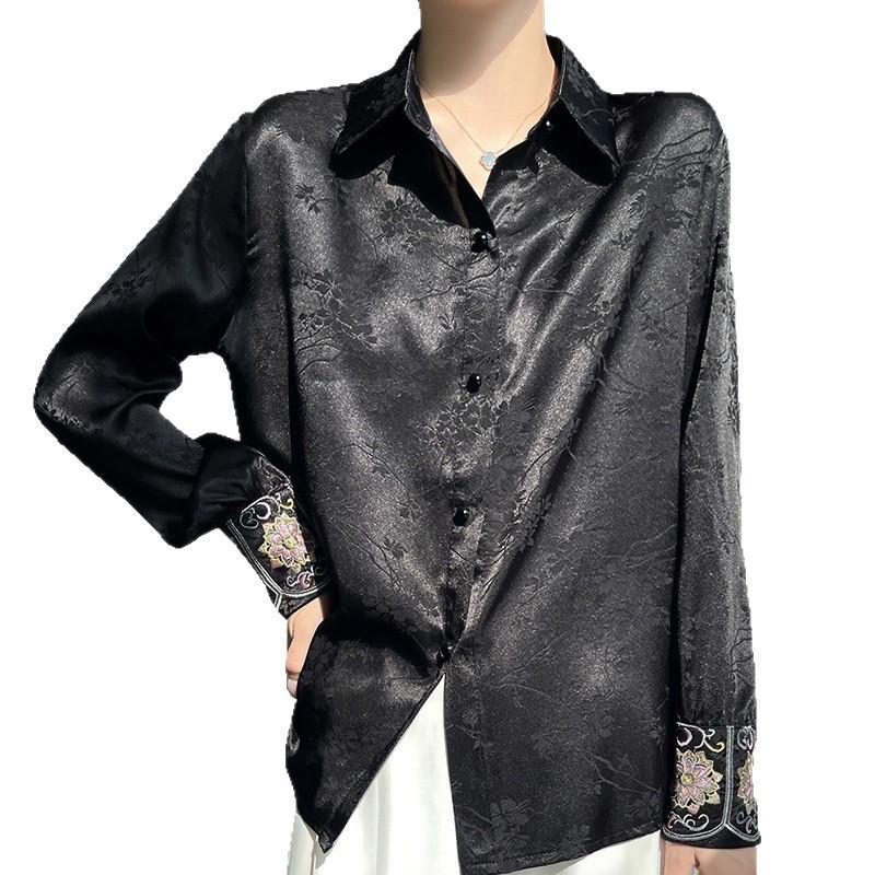 Women's Jacquard Satin Tang Suit: Long Sleeve Mulberry Silk Top for Autumn/Winter