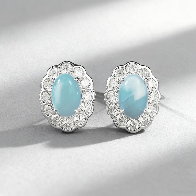 Xiancan S925 Sterling Silver Earrings with Blue Zirconia and Natural Sea-Patterned Stone 925 Sterling Silver