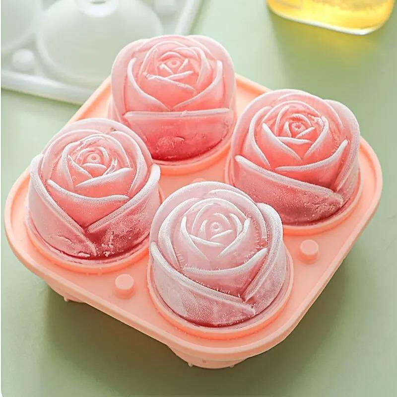3D Rose Ice Molds 2.5 Inch, Large Ice Cube Trays, Make 4 Giant Cute Flower Shape Ice, Silicone Rubber Fun Big Ice Ball Maker