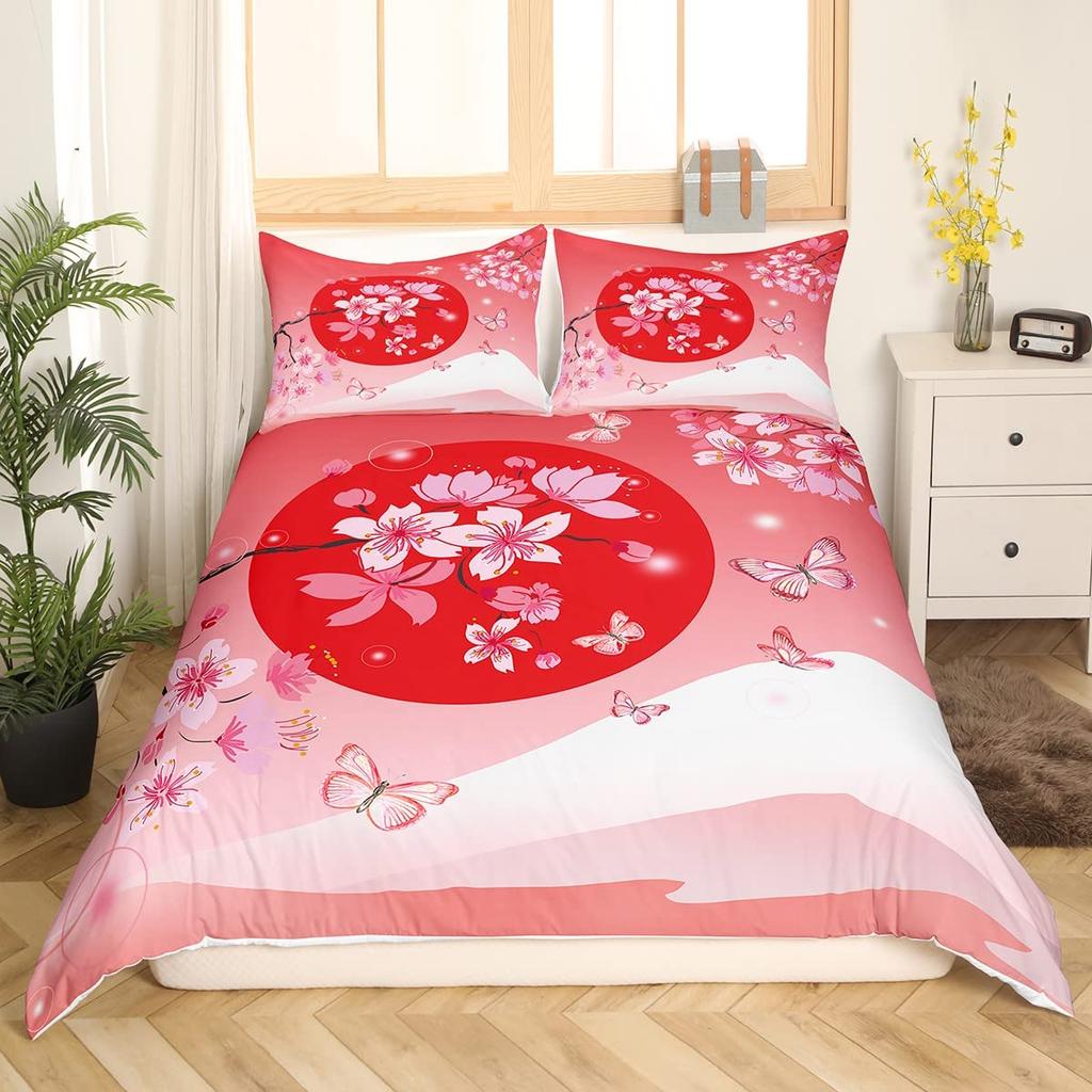 Pink Cherry Blossom King Queen Bedding Set Spring Flora Duvet Cover Japanese Flowers Quilt Cover Soft Polyester Comforter Cover