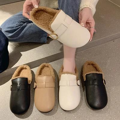 Warm Mules Slippers Women Plush Thick Comfortable Indoor Solid Leather Cotton Shoes Fashion Belt Buckle Casual Slipper 2024
