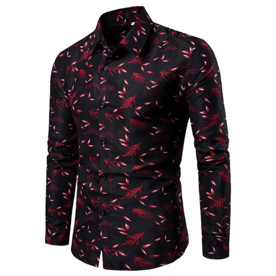 Camisa Casual para Mujer con Cuello Vuelto, Manga Larga, Estampado de Hojas, Botones, Corte Slim, Talla Grande