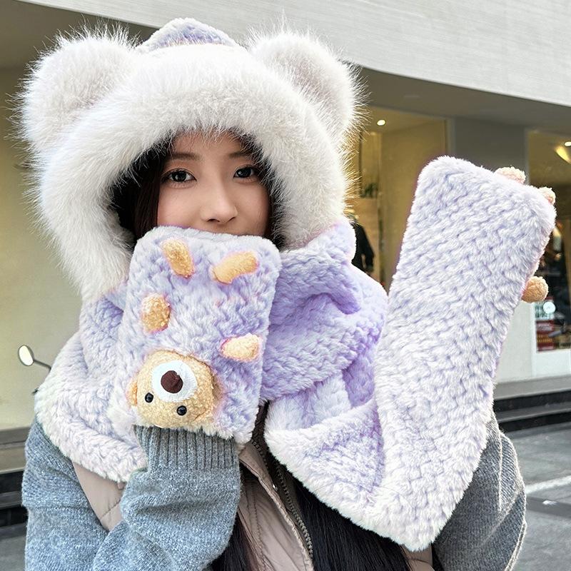 Hat thickened warm three-in-one women's winter new scarf gloves integrated fluffy cute bear three-piece set