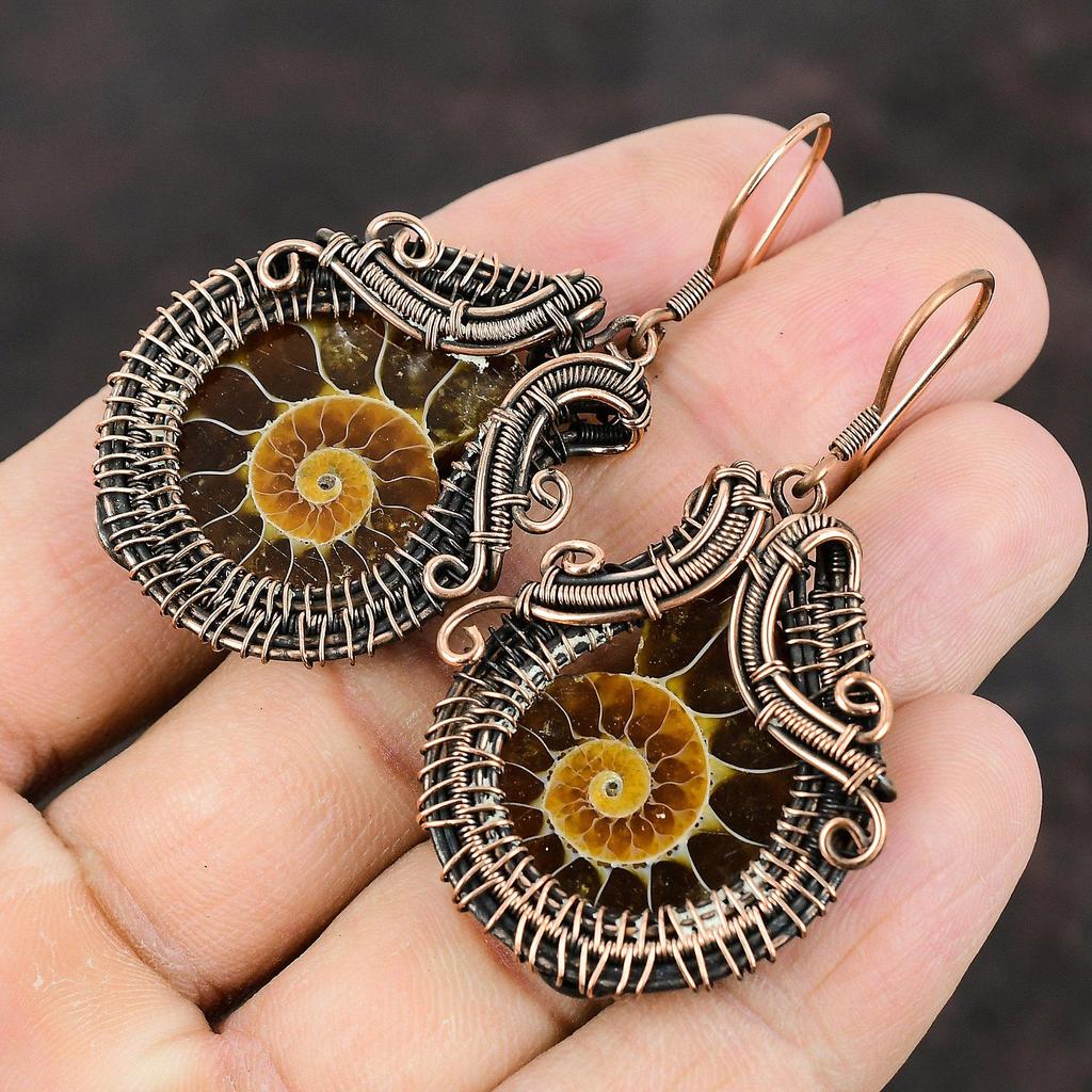 Ammonite Fossil Copper Earring Copper Wire Wrapped Earring Gemstone Copper Jewelry Handmade Earring Gift For Mom Ammonite Fossil Jewelry