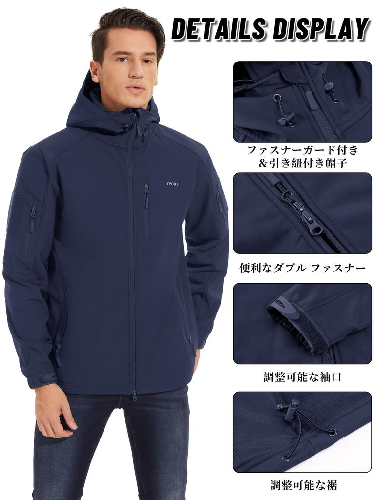 KEFITEVD Winter Mountain Softshell Cold Weather Hooded Jumper with Size 2XL Men's Jacket, Parka, Hiking, Trekking, Pockets, Navy,
