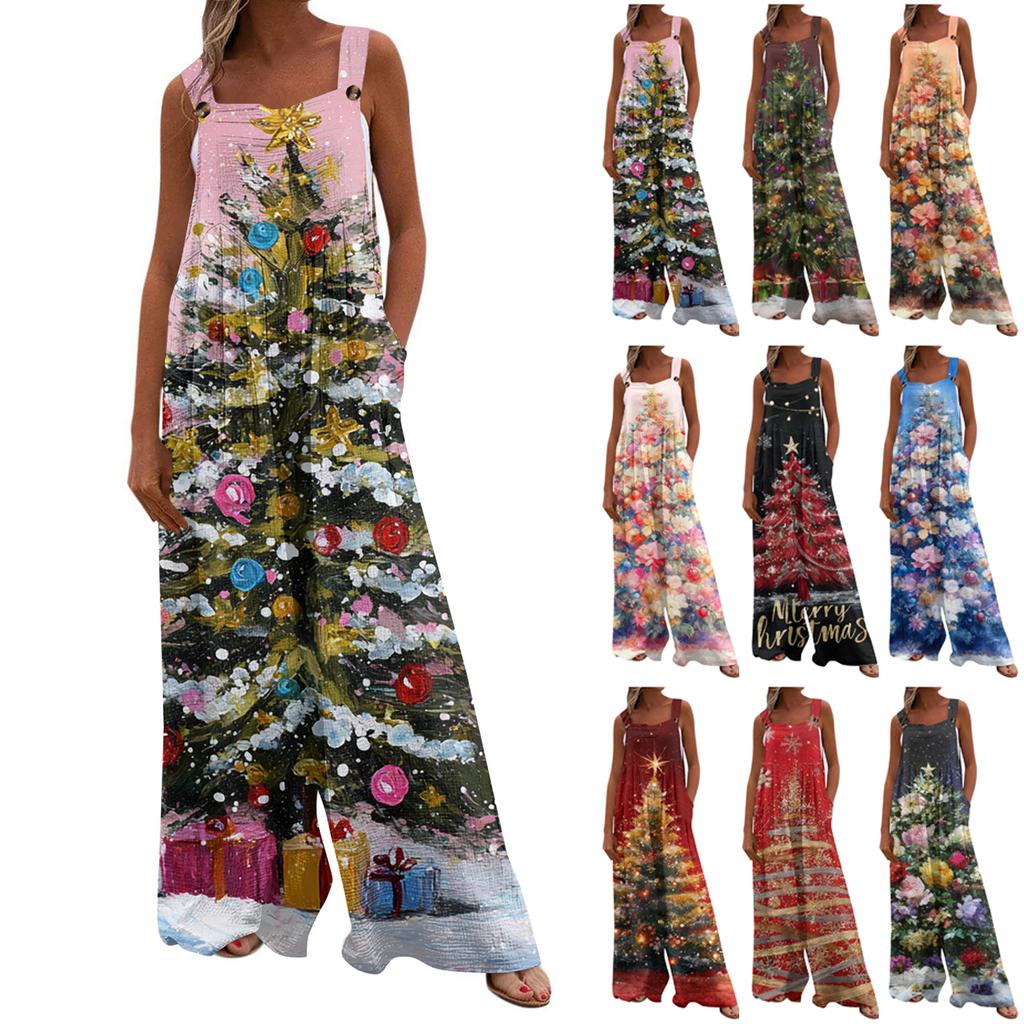 Women's Christmas Print Solid Wide Leg Strapless Tank Pocket Casual Onesie