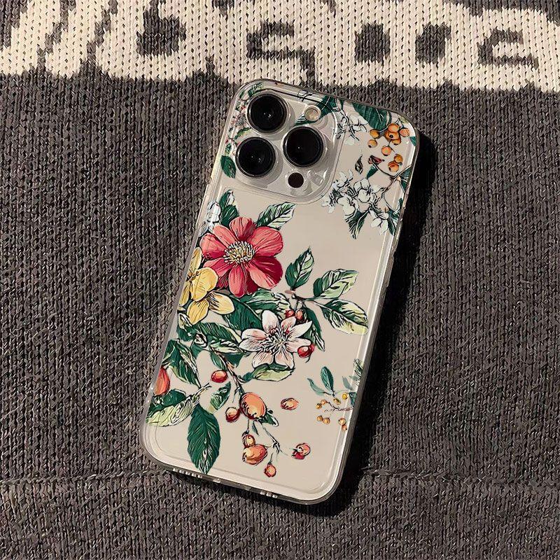 Vintage Floral and Berry Pattern Phone Case for iPhone 17 16 15 14 13 12 11 16E Series Pro Max Plus Double Layer Protection