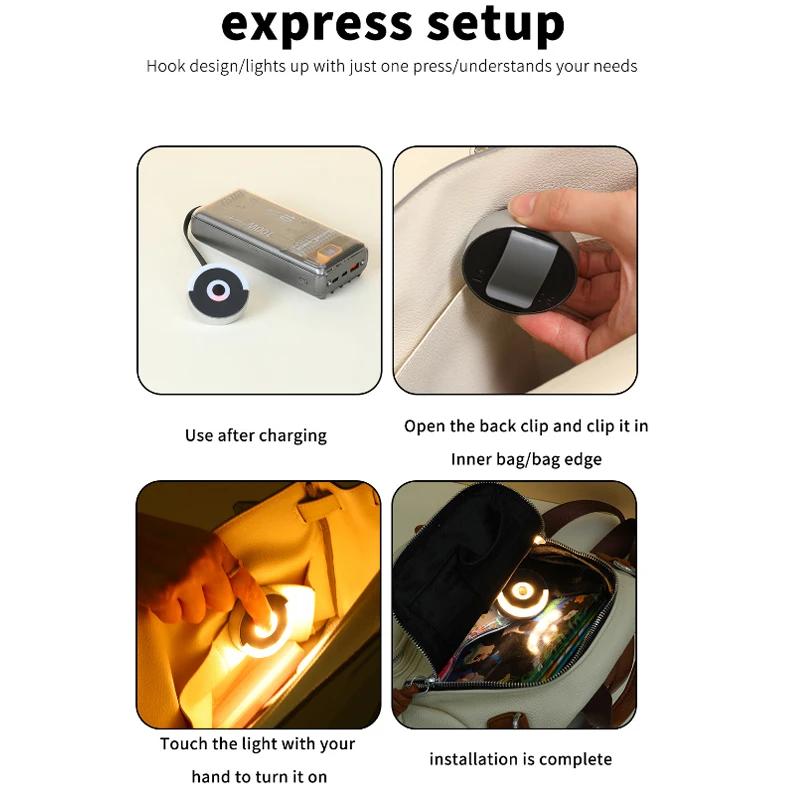 Kompakt berøringsaktivert LED-håndveskelys Bærbar rund berøringsveskelampe Klips på Høy lysstyrke Håndveske Nattlys Kvinner